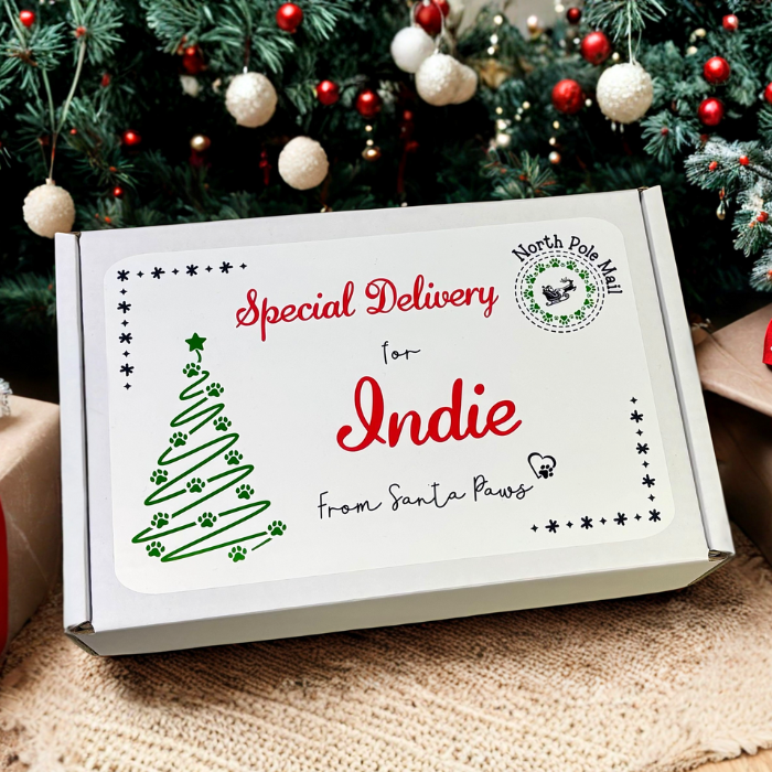 Gift box with personalized message in front of a decorated Christmas tree