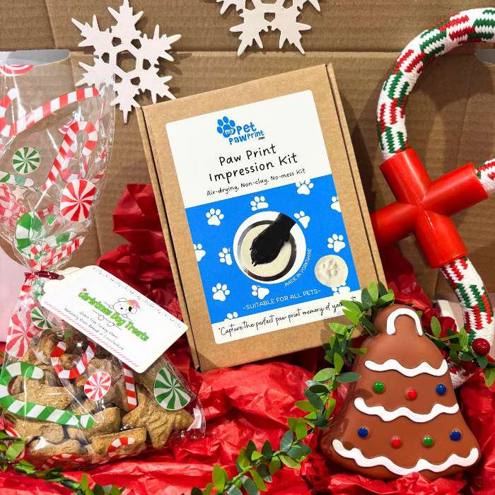 Dog-themed gift set with paw print impression kit, dog toys, and treats.