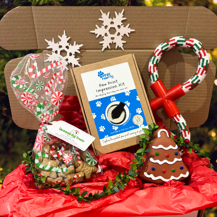 Dog-themed gift set with treats, paw print impression kit, and toys on red tissue paper